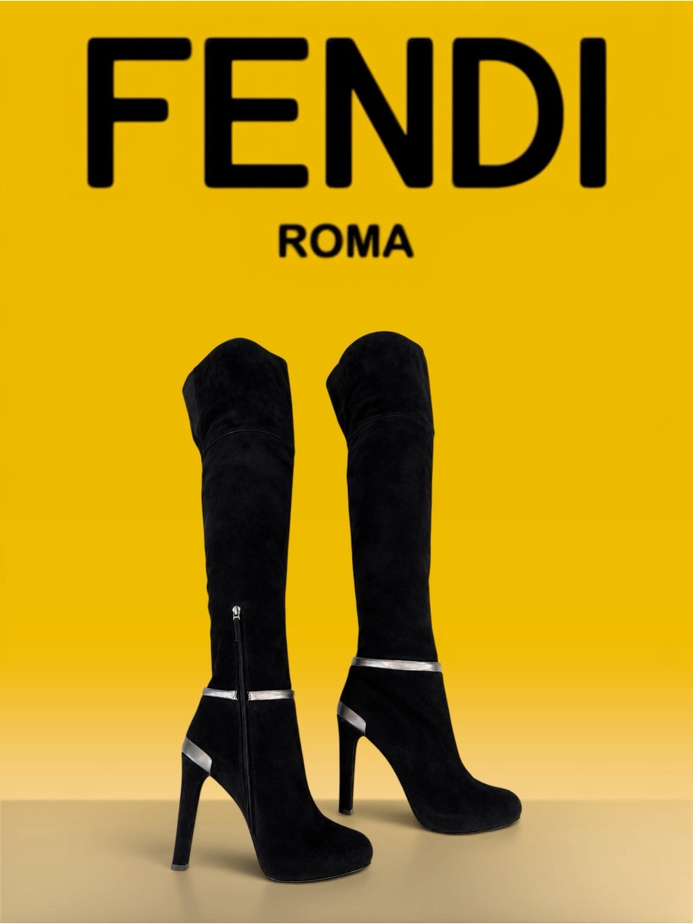 Fendi Black Suede Over-the-Knee Fold-Over‎ Boots – Size 39.5 with silver trim - Picture 6 of 10